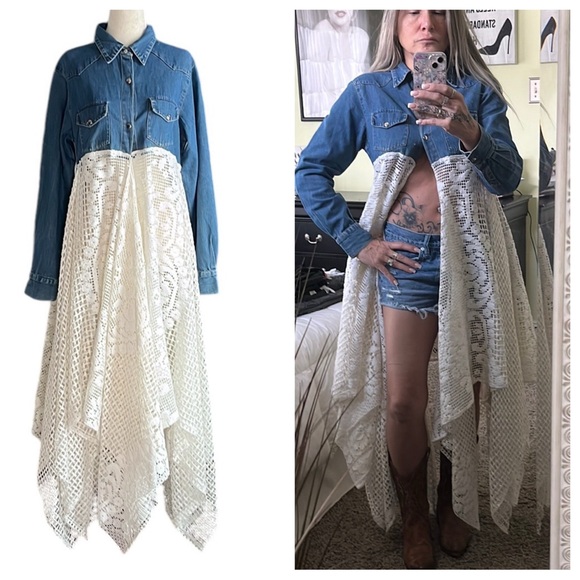 Upcycled Denim and Lace Boho Duster - Picture 1 of 16